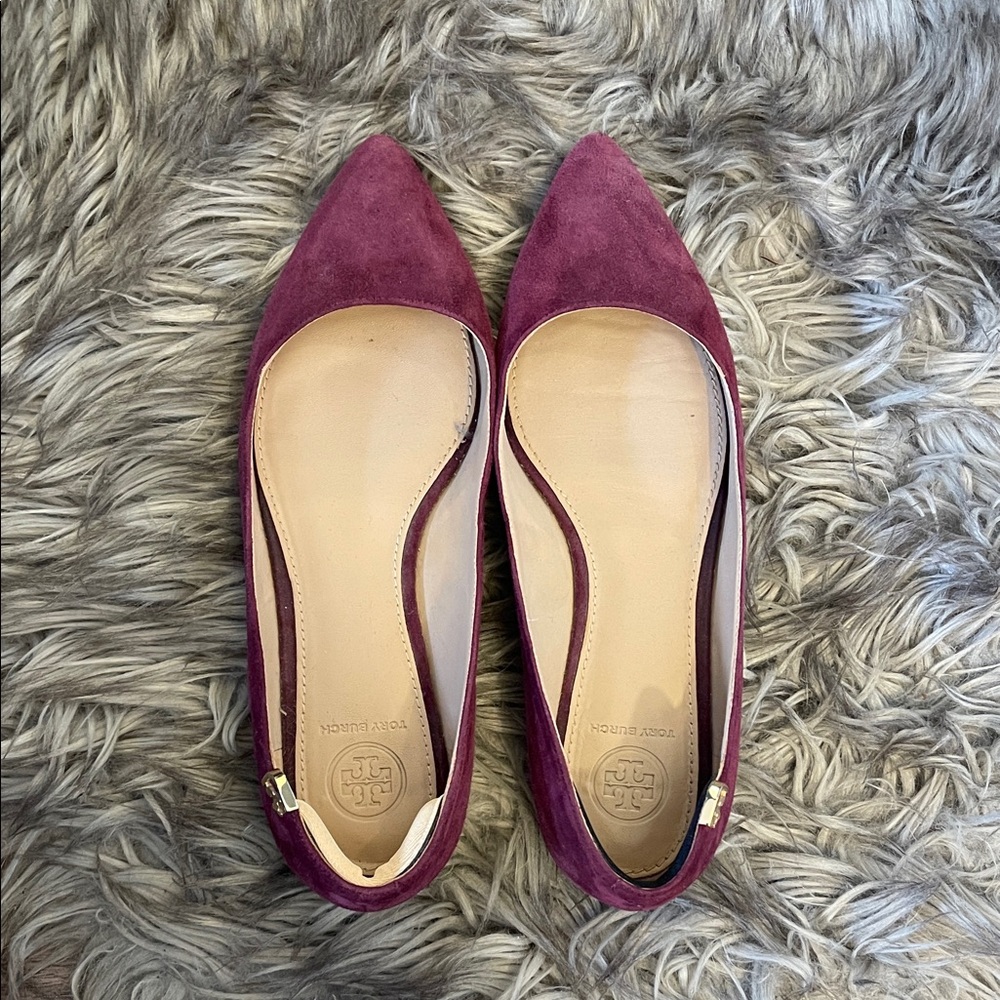 Tory Burch Pointed Suede Ballet Flats in Burgundy Plum